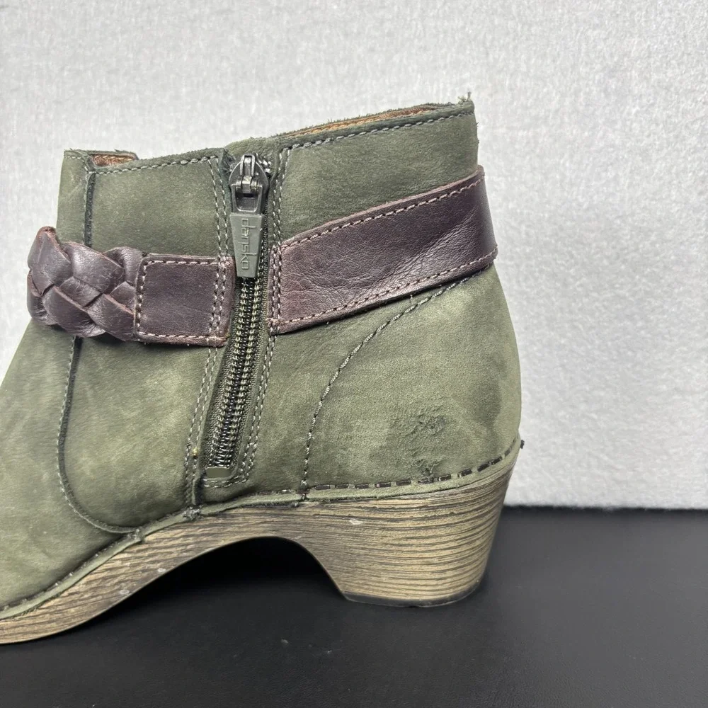 Dansko Michelle Green Nubuck Leather Ankle Booties Boots EU 38 US 7/7.5 Side Zip